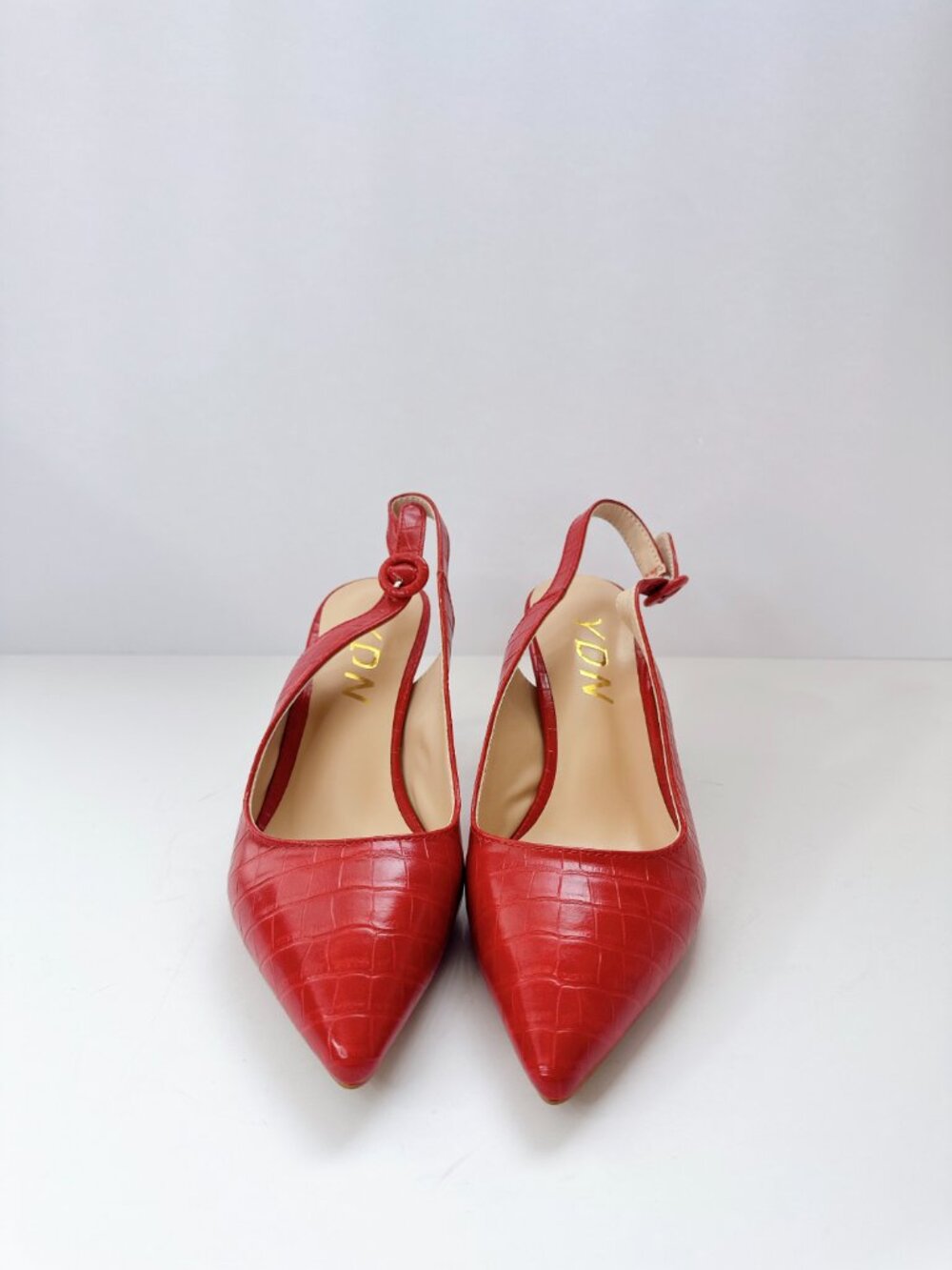 Size 8.5 Red Croc Embossed Slingback Heels Pointed Toe Elegant Pumps YDN - Picture 3 of 13
